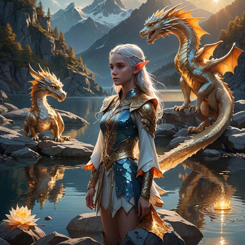 Elf and Dragon by a Glittering Lake
