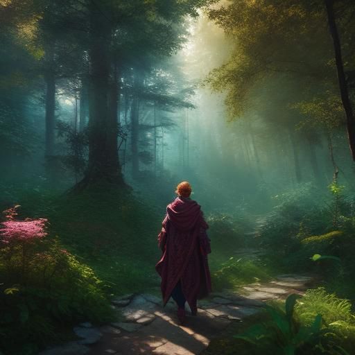 Happy Woman in Forest: Vibrant Oil Painting