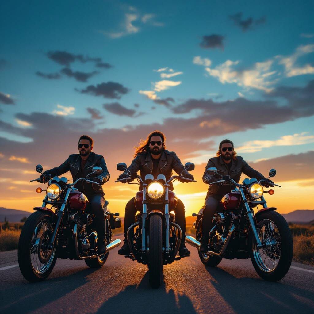 Bikers Pose Heroically on Classic Motorcycles at Sunset