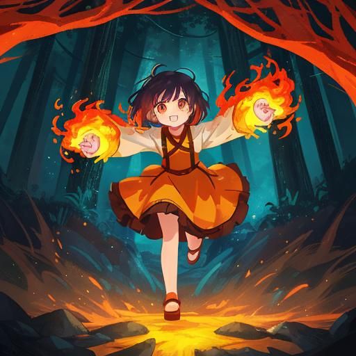Anime Girl Conjuring Fire in Fantasy Forest