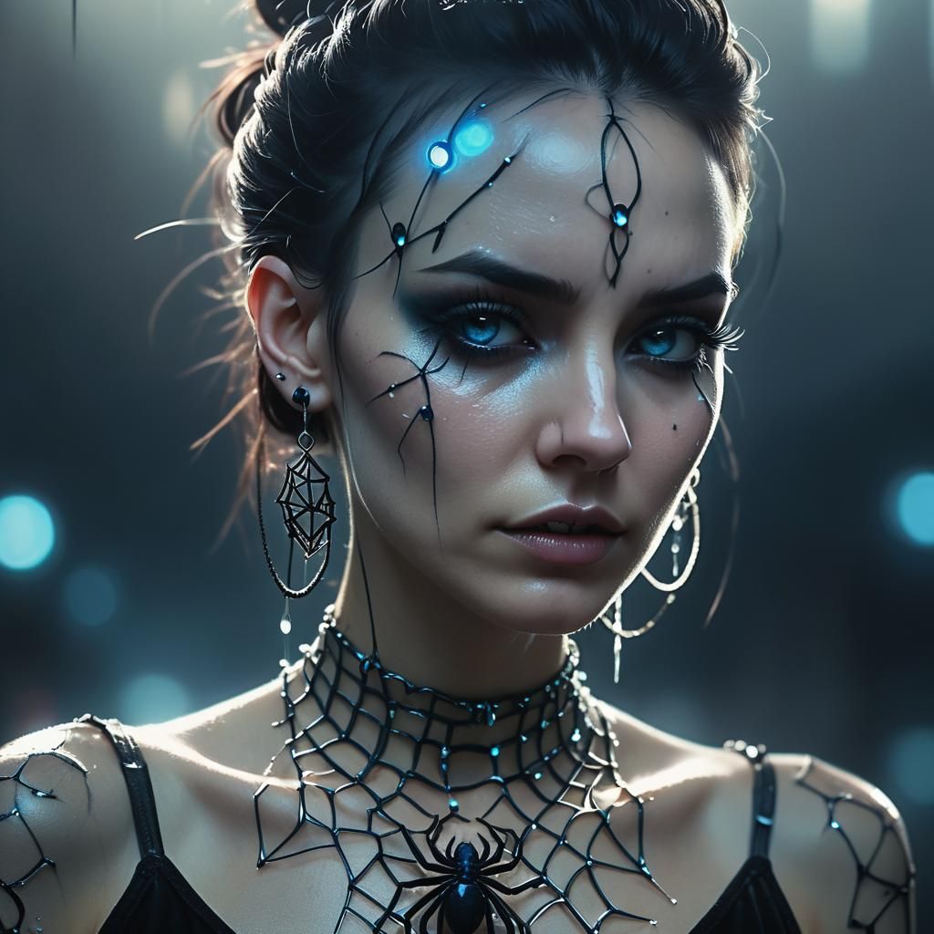 Gothic Cyberpunk Girl with Spider Jewelry in Dystopian Setti...