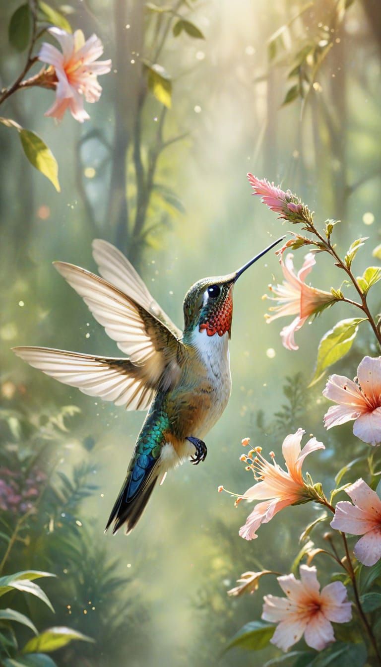 Hummingbird Sipping Nectar in Enchanted Forest Clearing