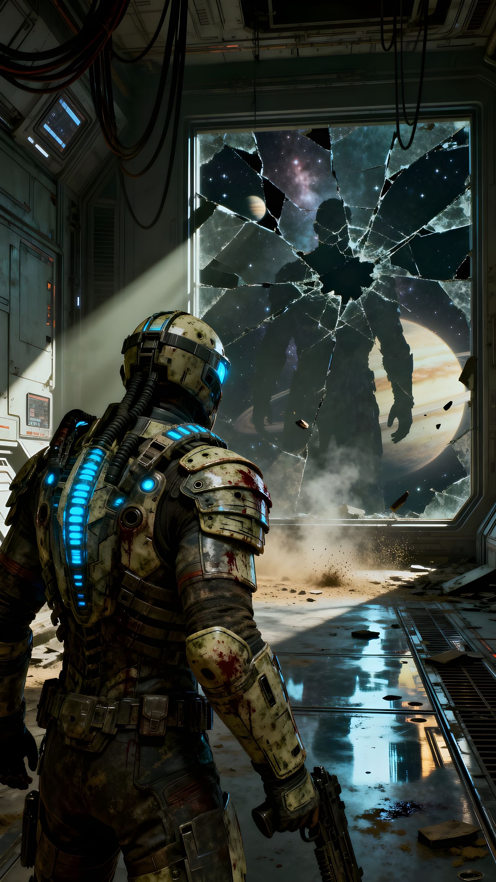 Lone Figure in Sci-Fi Armor in Ruined Space Station