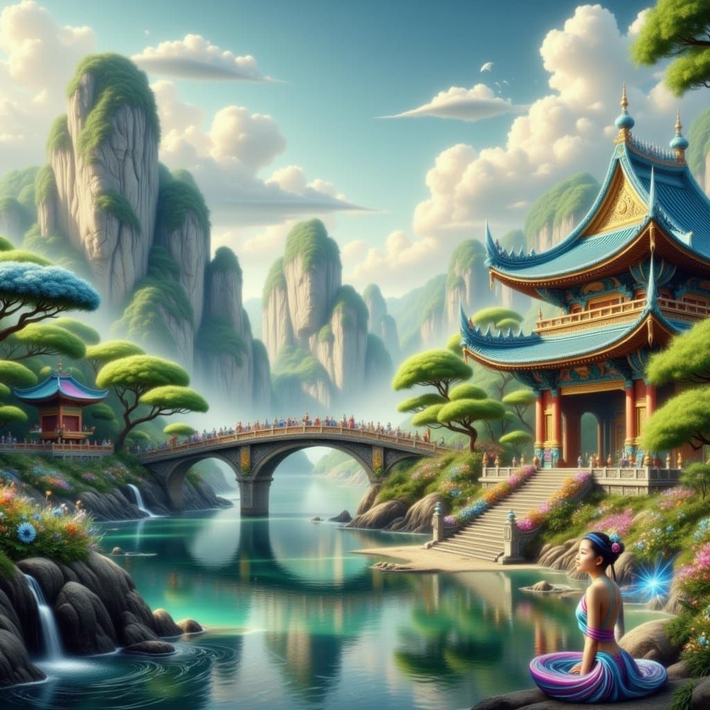 Mystical Asian Goddess in Golden Temple Landscape