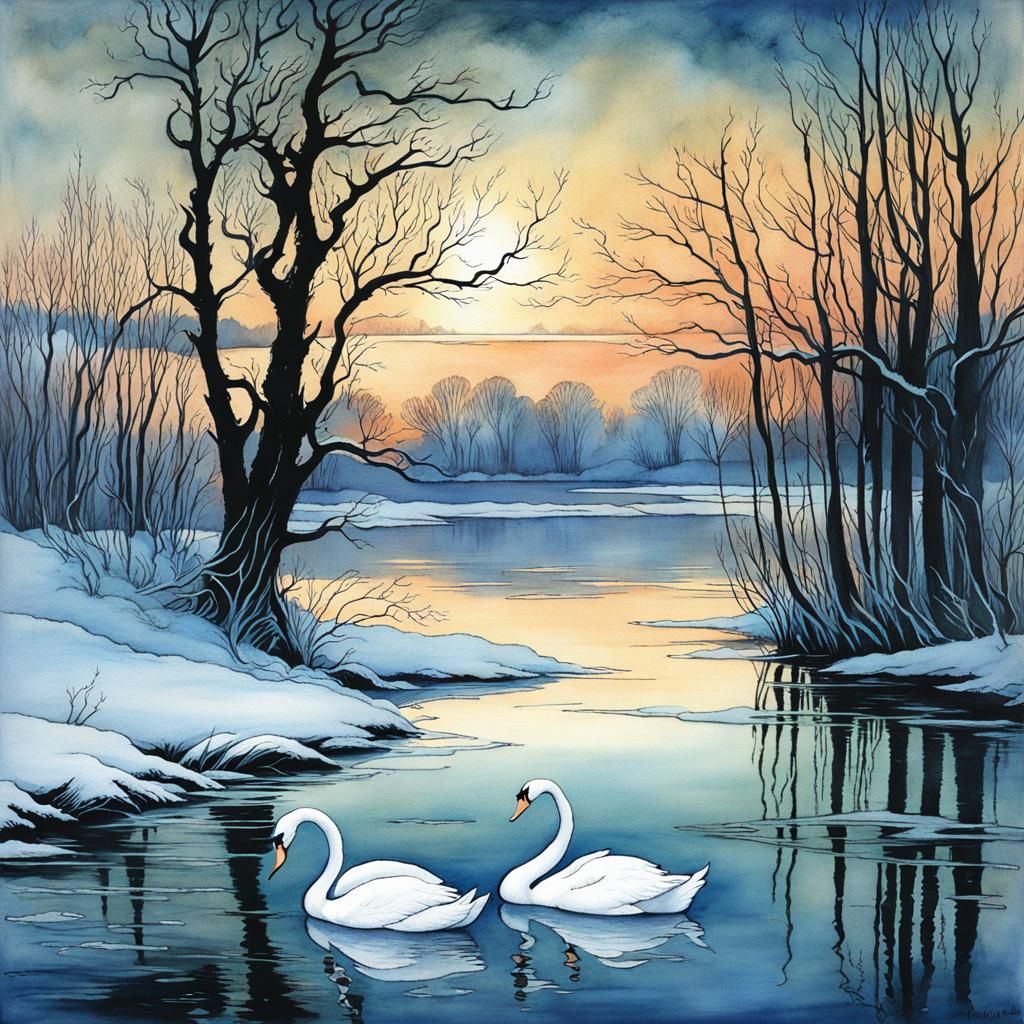 Fairytale Swans on Frozen Lake: Rackham-Style Watercolor