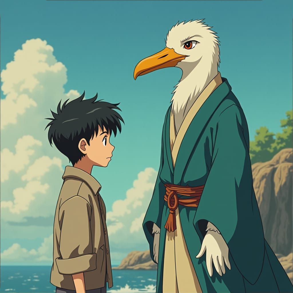 Boy and Seagull Sage in 1990s Anime Style