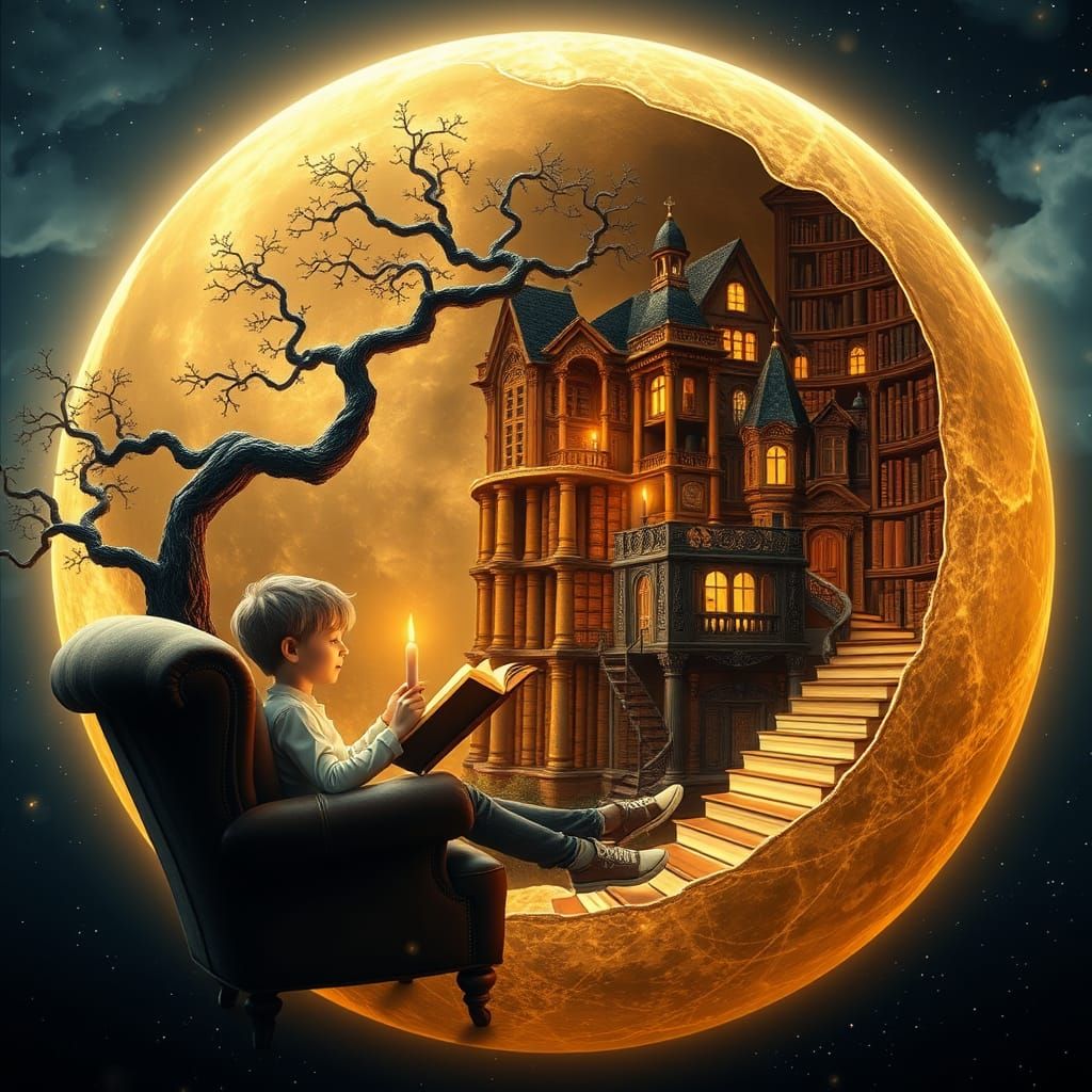 Surrealist Library Scene with Glimmering Moonlit Atmosphere