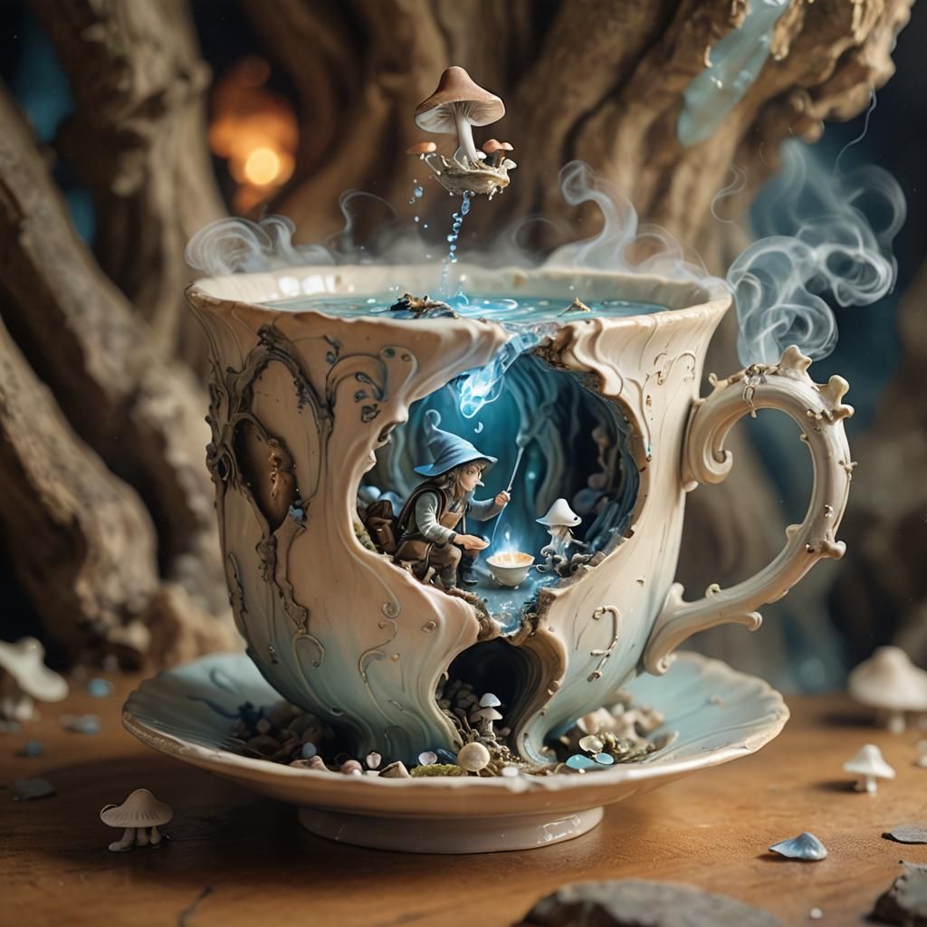 Miniature Adventurer in Teacup World: Whimsical Concept Art
