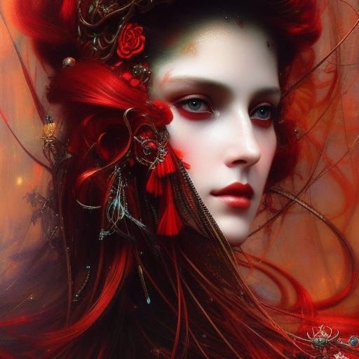 Sorrowful Goddess in Red Threads: Neosurrealist Portrait