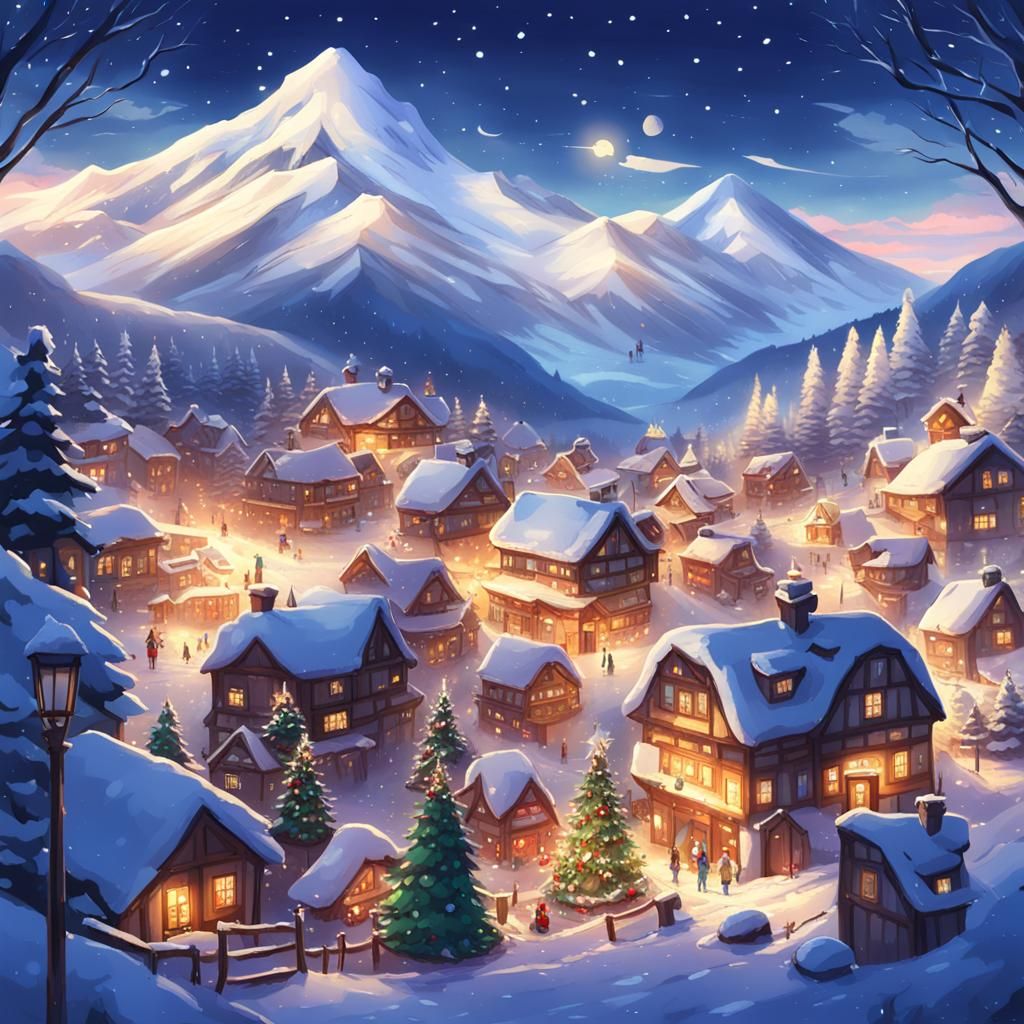 Cozy Christmas Village in Anime Style
