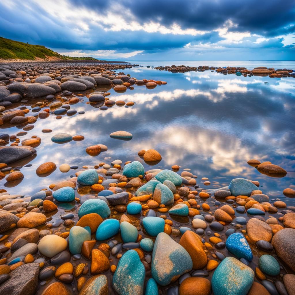 Colorful Rocky Beach with Reflected Sky