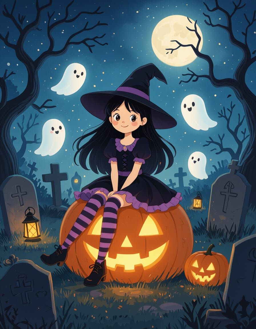 Whimsical Witch Girl on Pumpkin in Ghibli Graveyard
