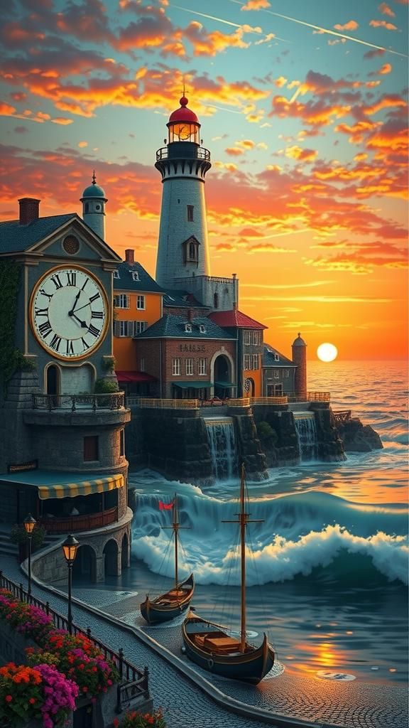 Lighthouse Clock Waterfall in Alexander Jansson Style