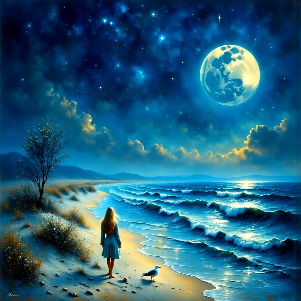 Woman in the Moonlit Night Seascape