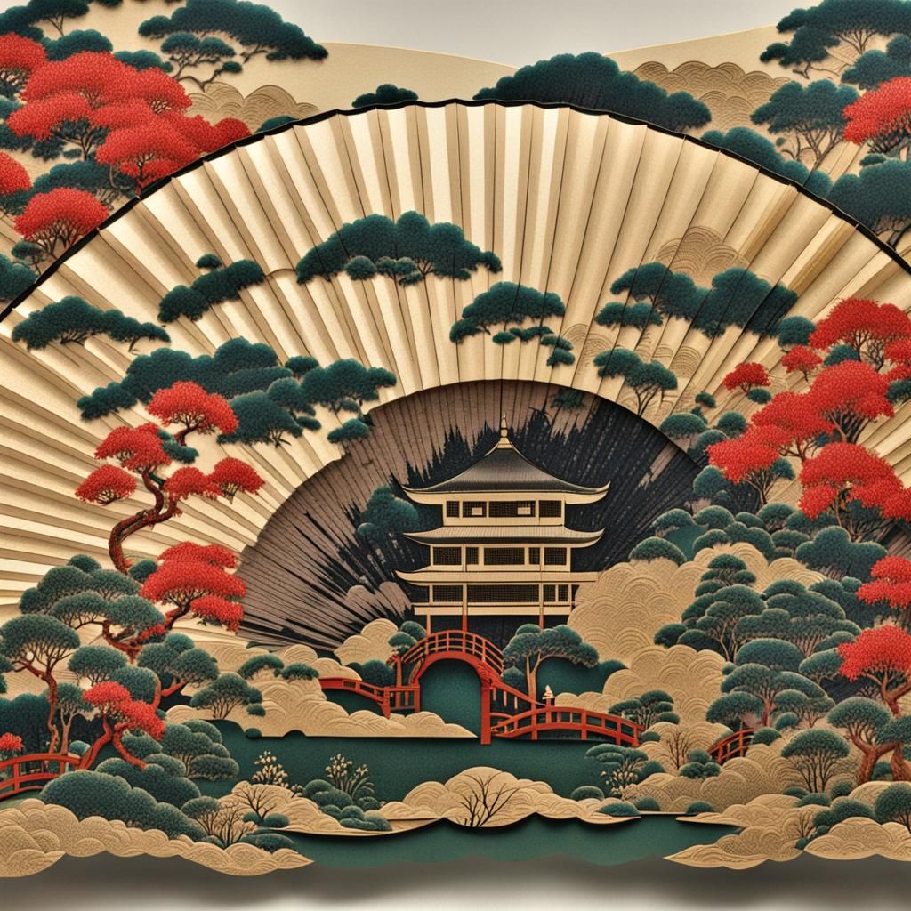 Intricate Japanese Fan Depicting Garden Scene