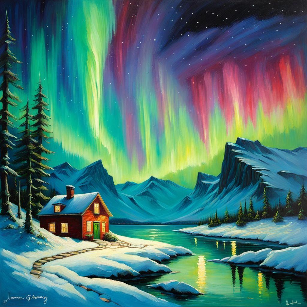 Spectacular Northern Lights Oil Painting