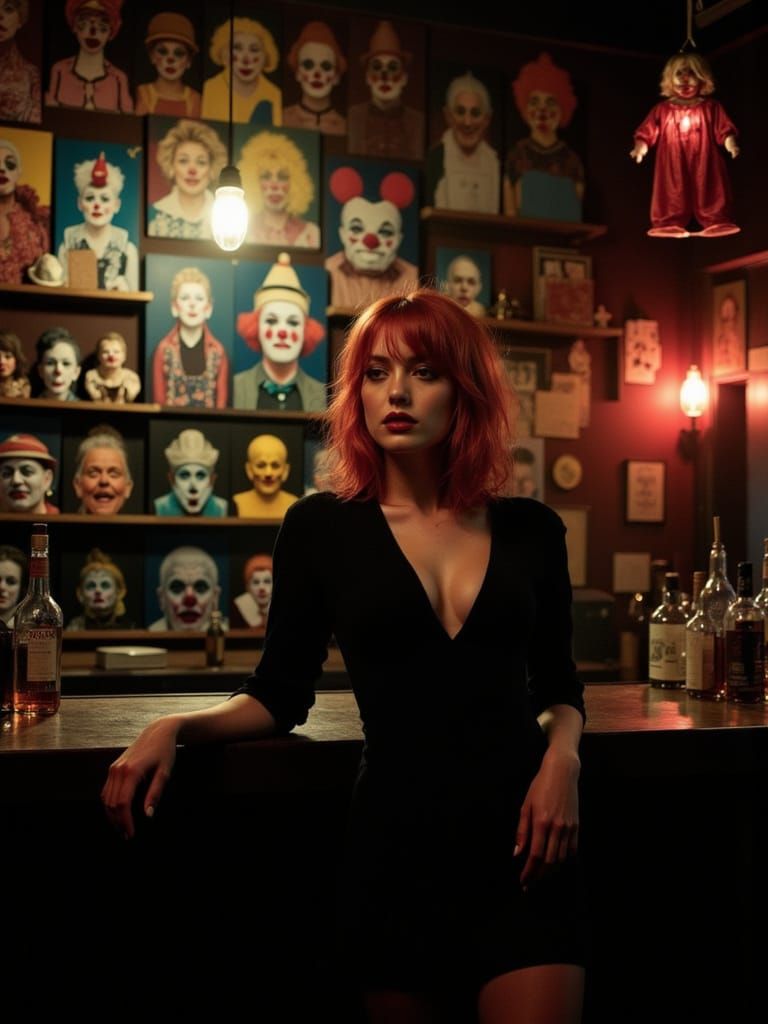 Neoclassical Pin-Up Bartender in Clown Bar