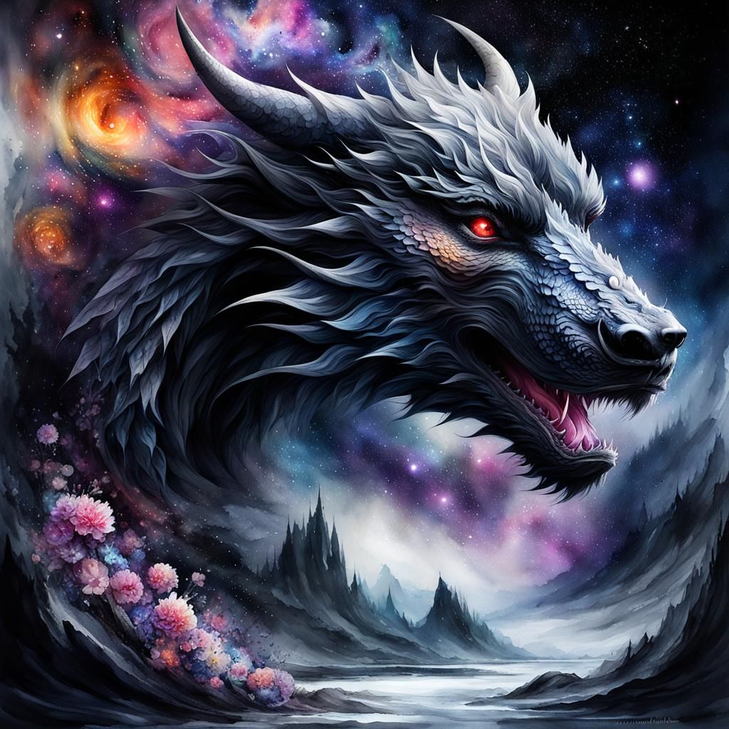 Dragon Bear in Dark Watercolor Fantasyscape