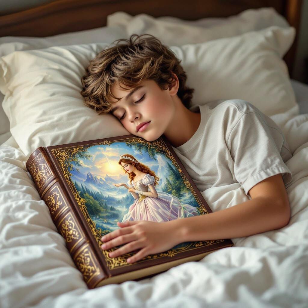 Boy Dreaming with Fantasy Book in Kinkade Style
