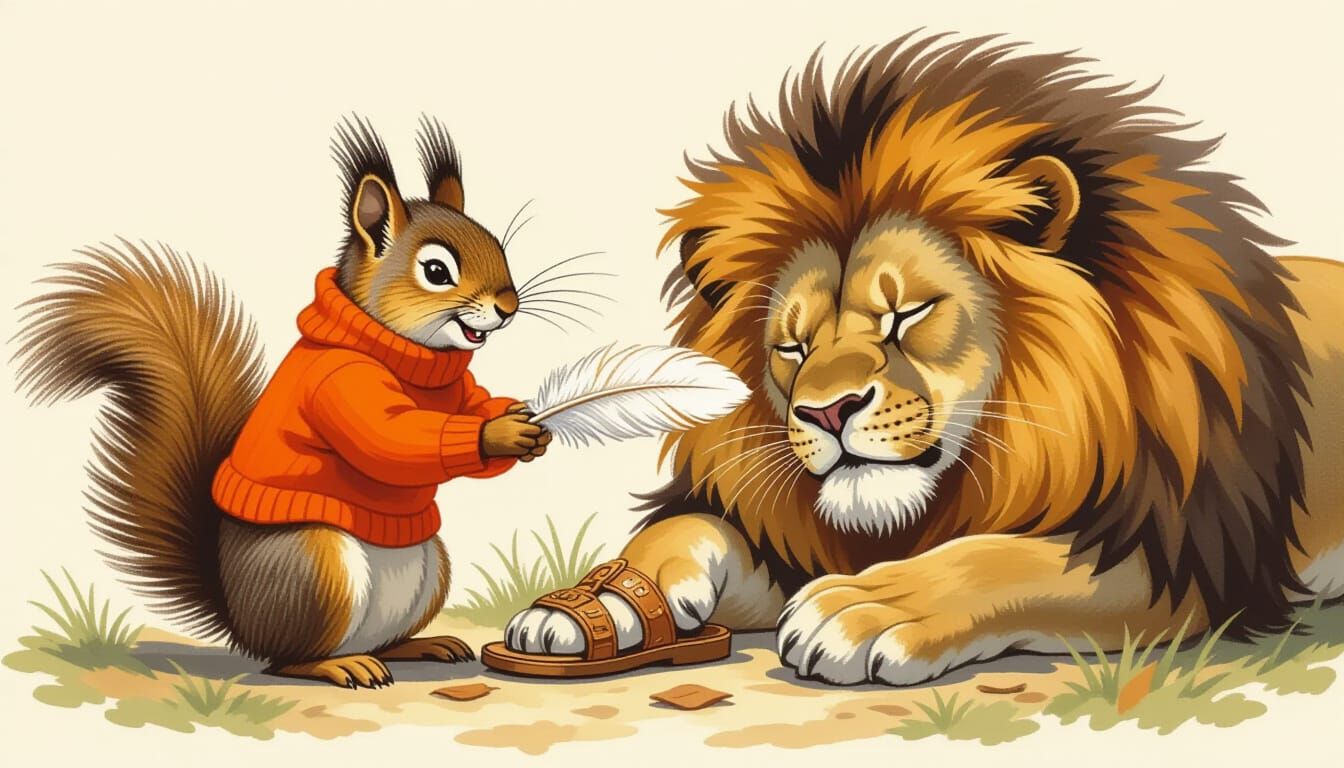 Squirrel Tickling Sleeping Lion's Foot, Whimsical Art