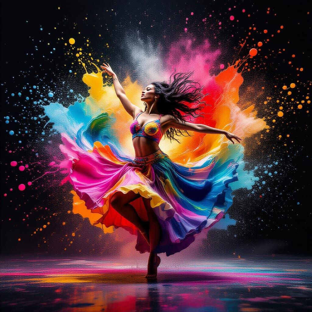 Dynamic Dancer Made of Explosive Paint Splashes
