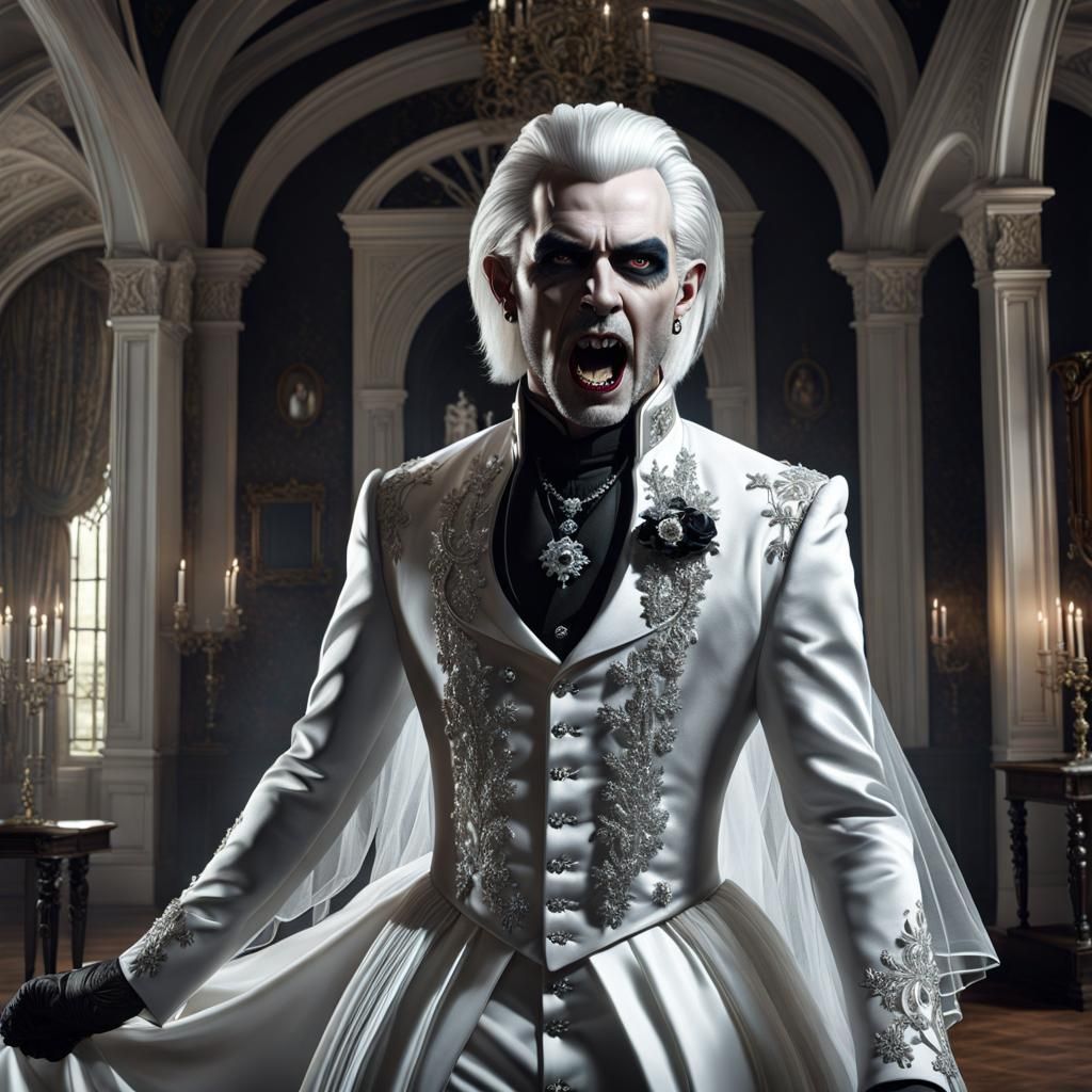 Surprised Goth Man in Bridal Gown Portrait