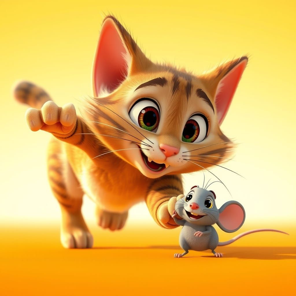 Pixar Style Cat Chasing Mouse in Vibrant 3D Art