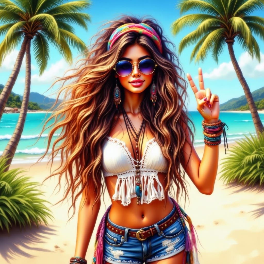 Bohemian Beach Beauty in Digital Illustration Style