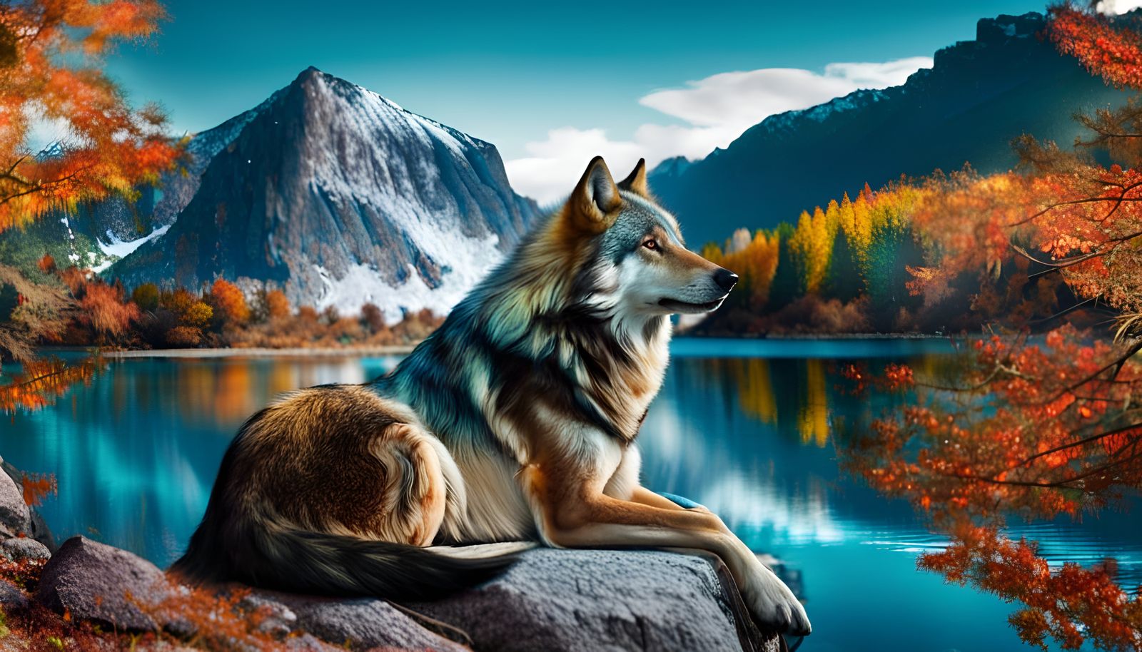 Wolf on Rock: Mountain Scenery in Autumn Colors