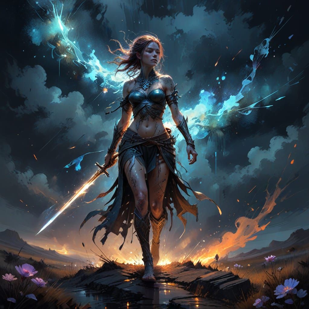 Fantasy Warrior on Desolate Battlefield Under Celestial Sky