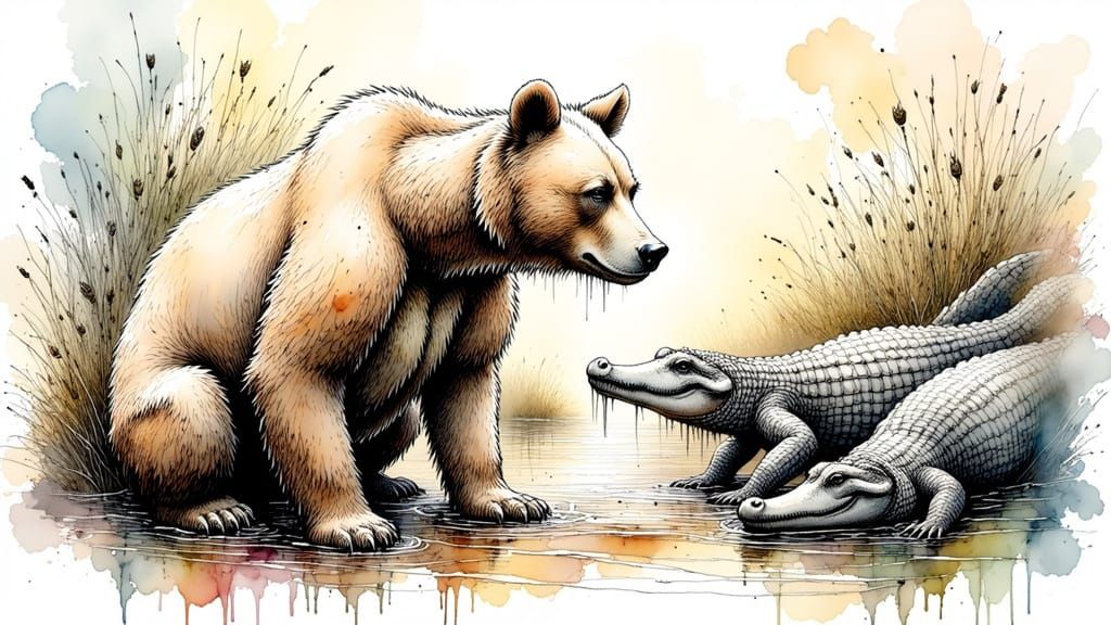 Comical Watercolour of Home with Grizzly Bear