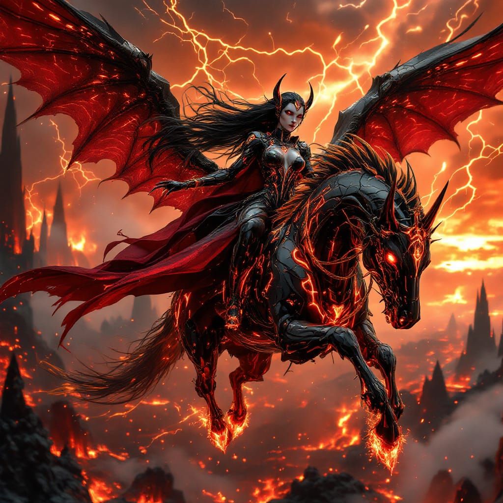 Satanic Android Lady on Cybernetic Pegasus in Hellscape