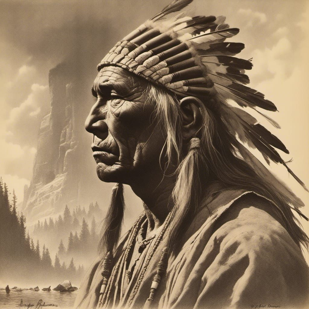 Native American Double Exposure Portrait in Western Art Styl...