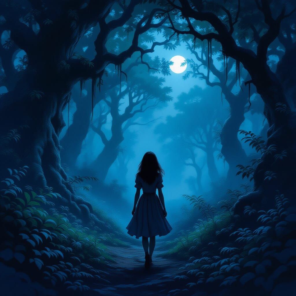 Shy Woman Explores Enchanted Forest at Night