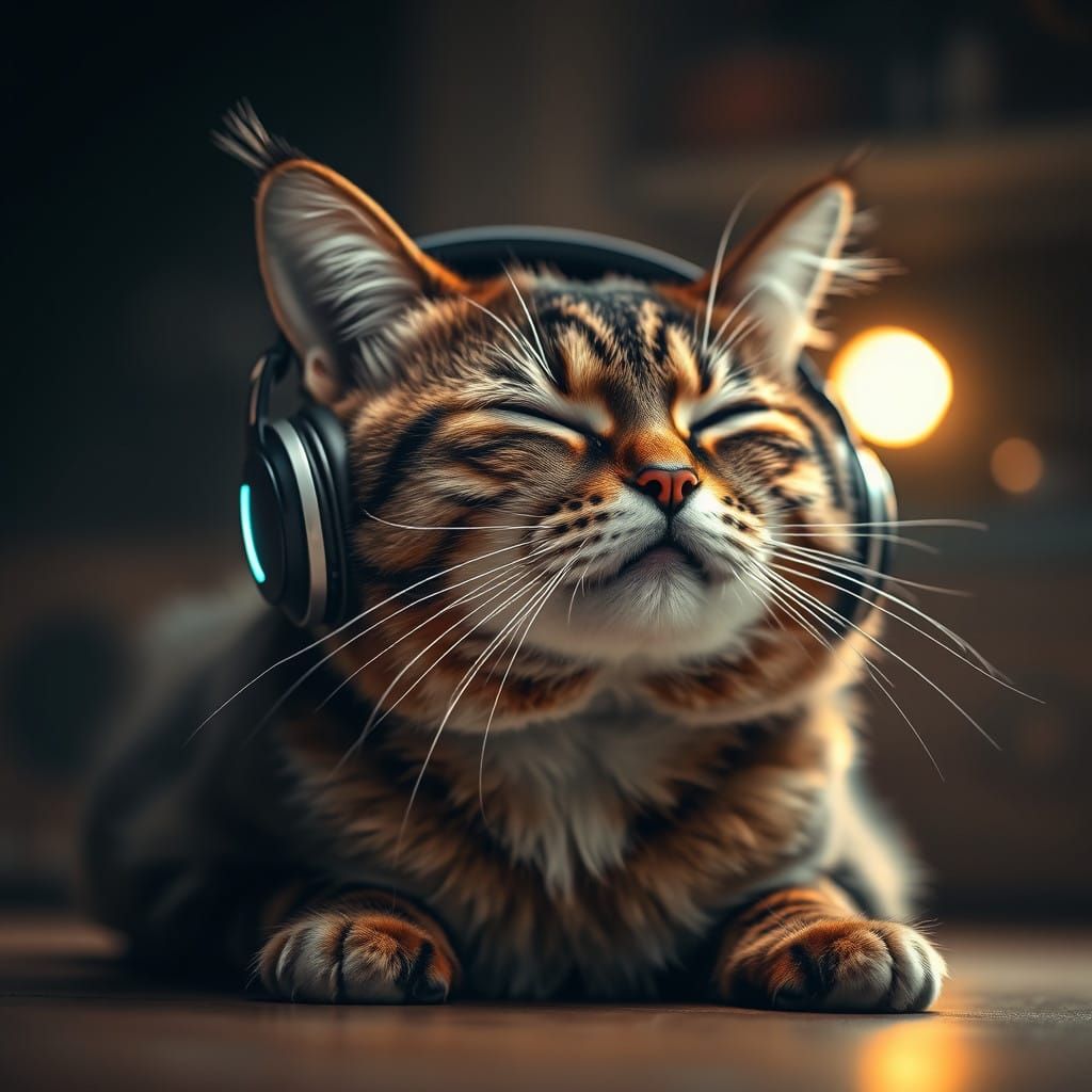Sleek Cat Immersed in Hyperrealistic Soundscapes