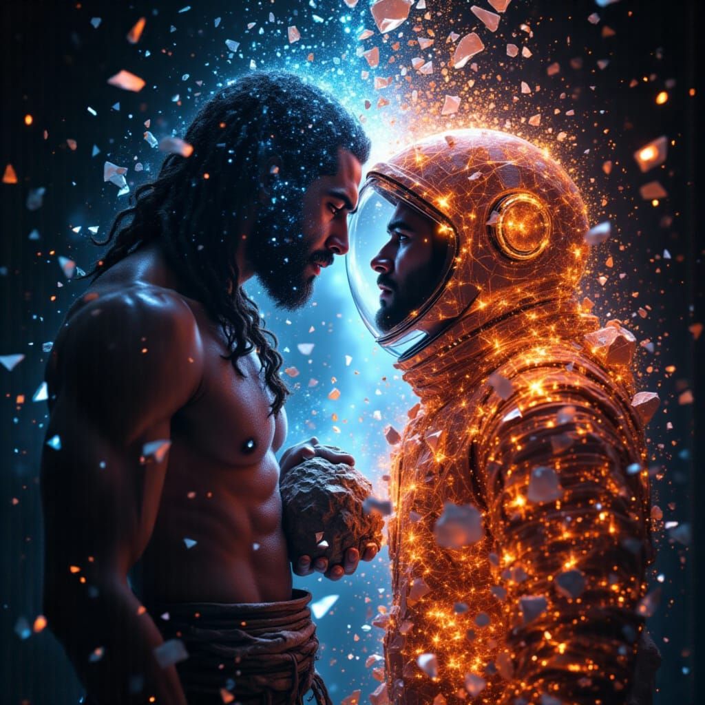 Caveman Meets Astronaut in Surreal Crystal Style