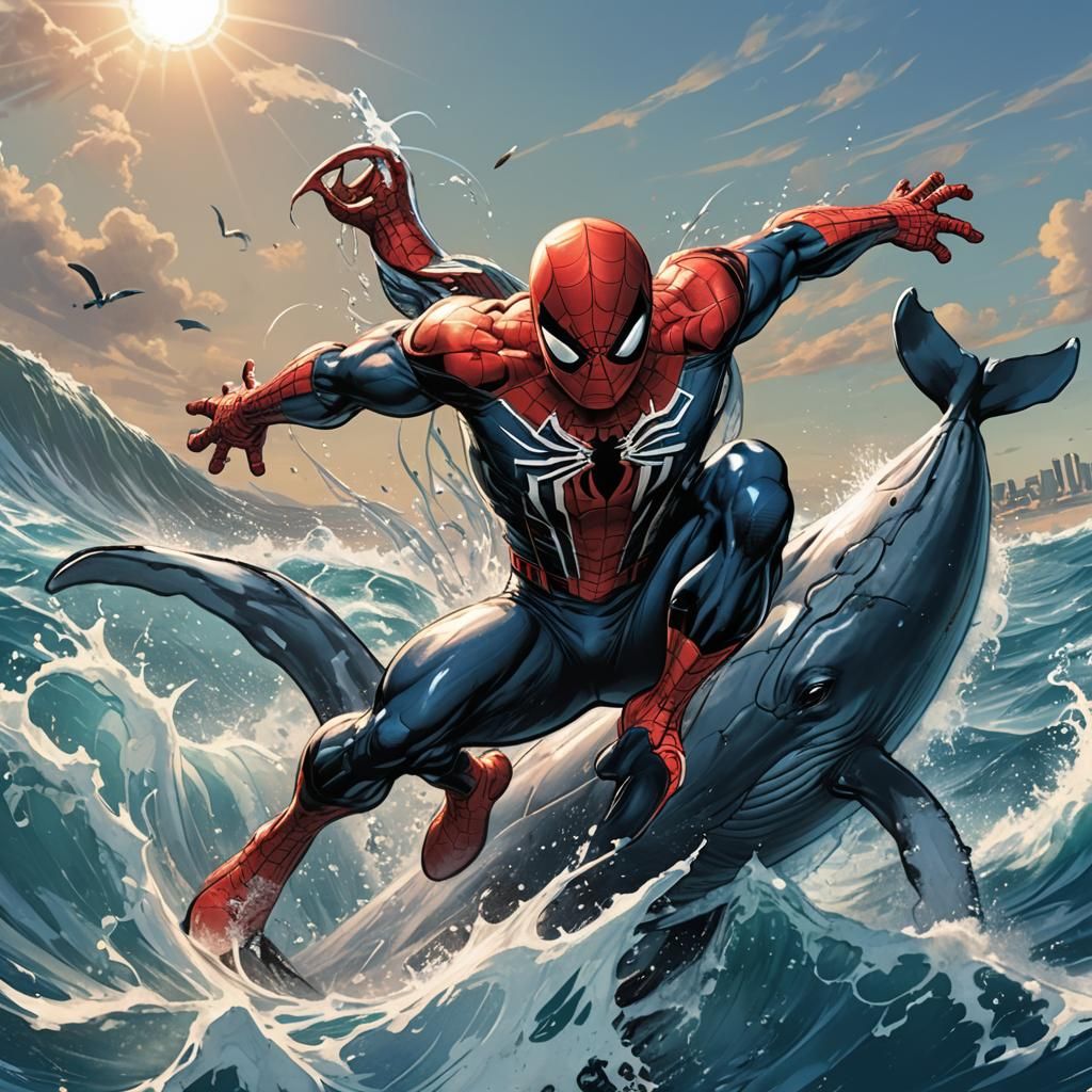 Spider-Man Rides a Whale in Comic Book Art
