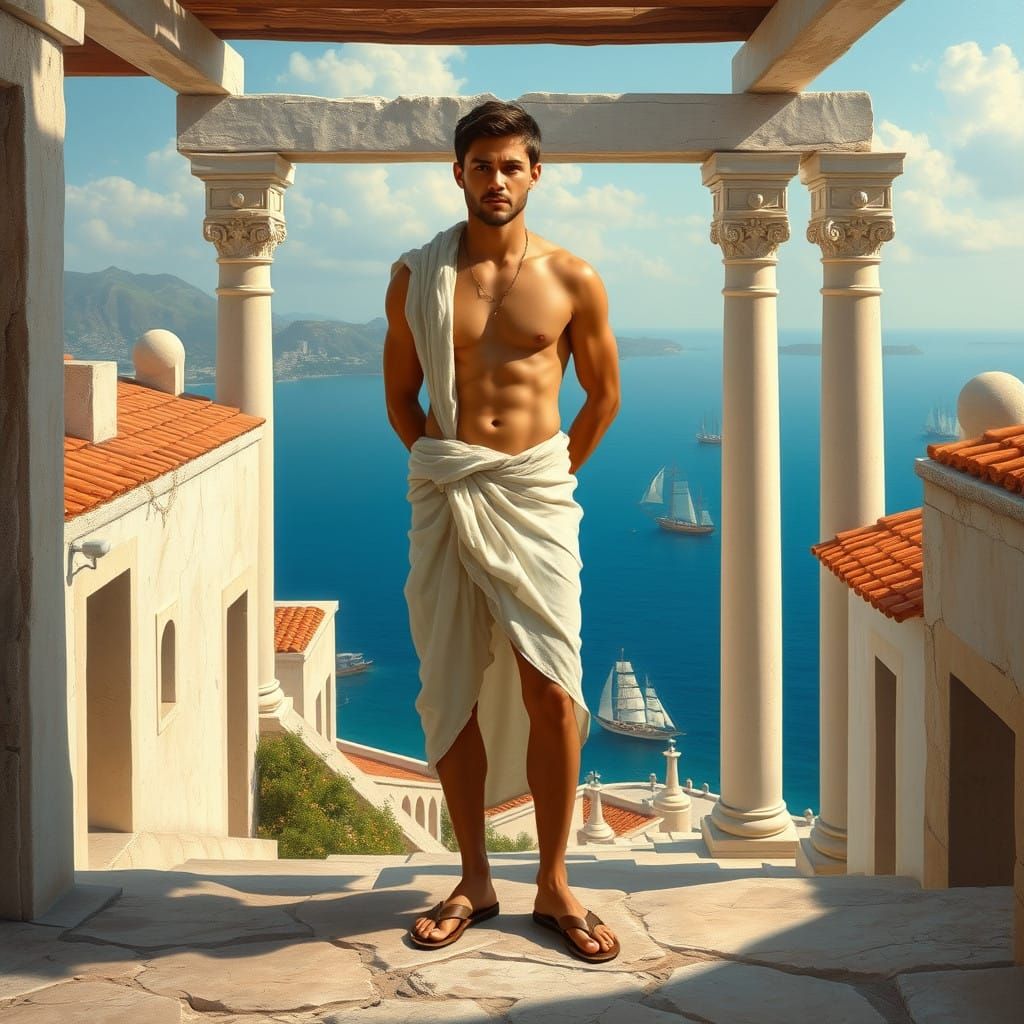 Chiseled Greek Warrior in Ancient Village Landscape
