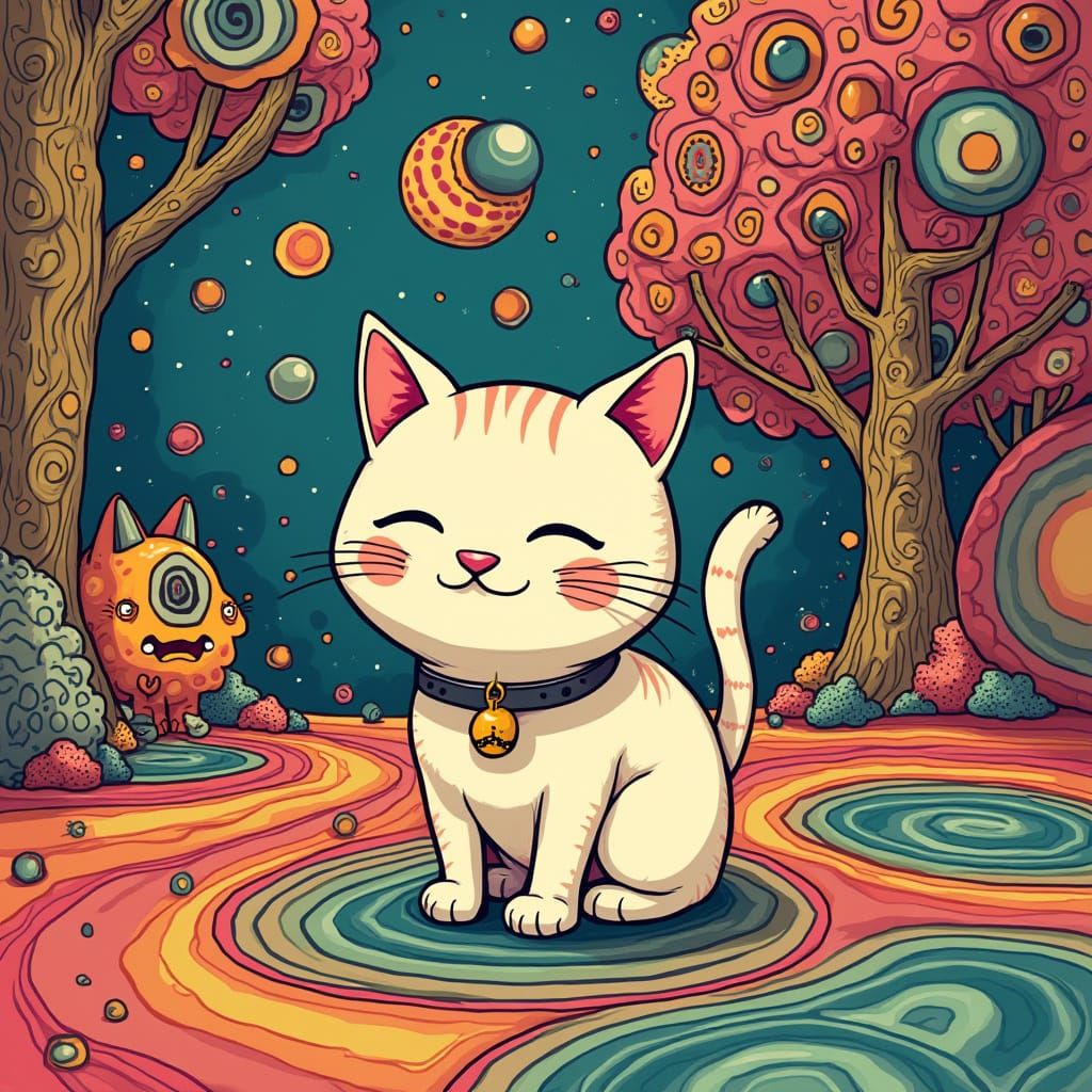 Psychedelic Cat in Whimsical Wonderland