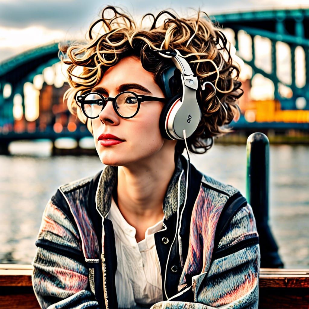 Person with Headphones on Bench by Thames