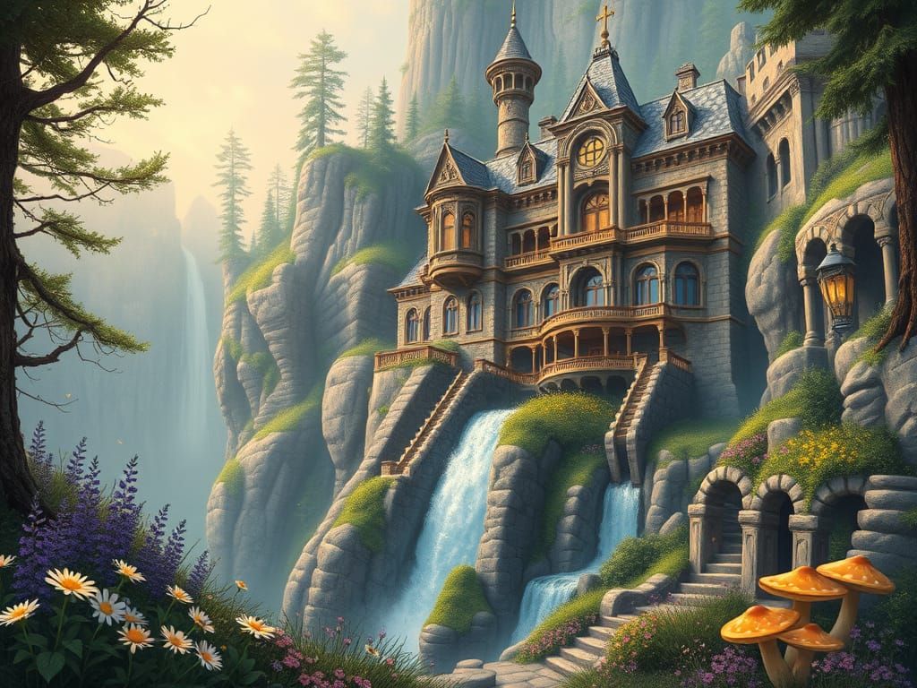 Mystical Cliffside Mansion in Hyperdetailed Pastel Style