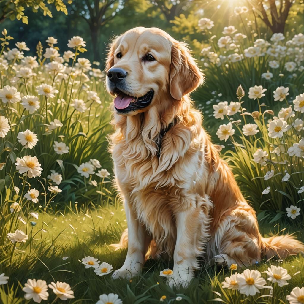 Happy Golden Retriever in Sunlit Park, Fantasy Art