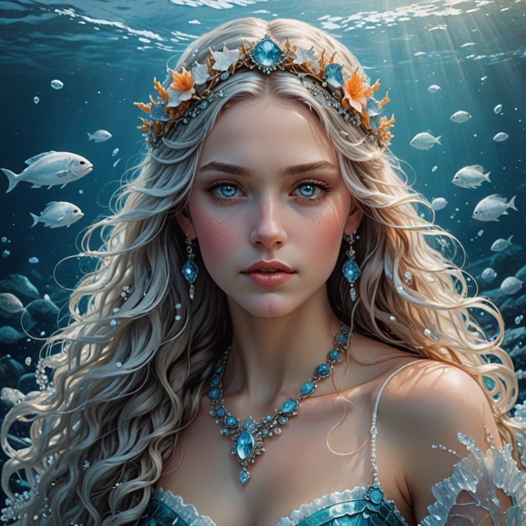 Nereid Goddess Portrait with Sea Life Background