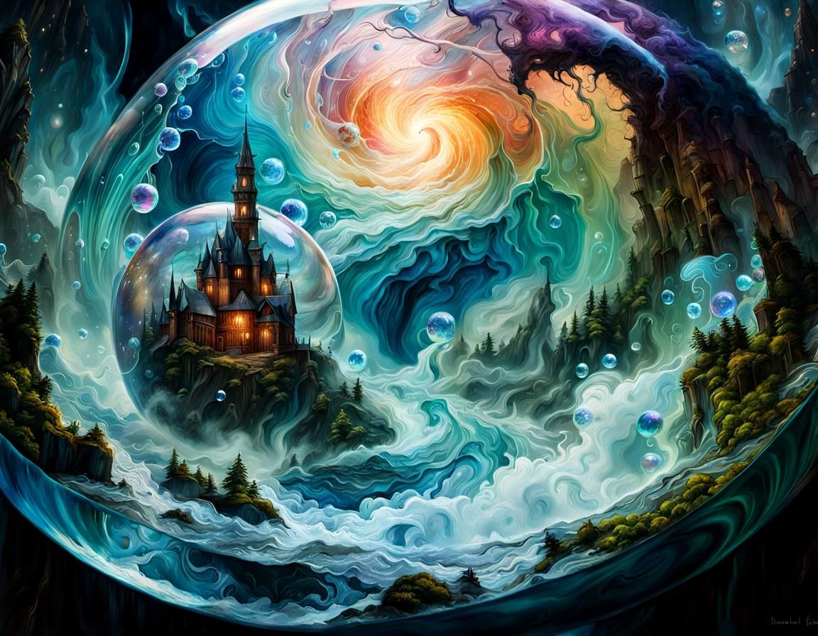 Iridescent Ink Fantasy Map in Bursting Bubble