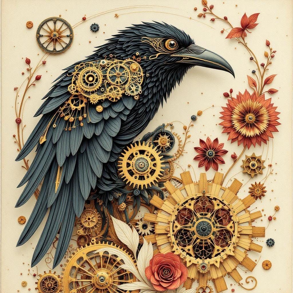Victorian Mechanical Raven Totem Pole in Art Nouveau Style