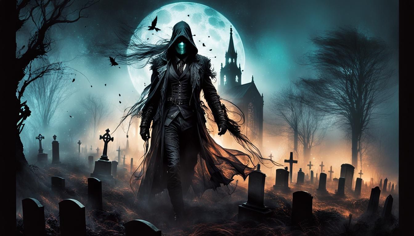Eerie Steampunk Graveyard Scene with Cloaked Figure