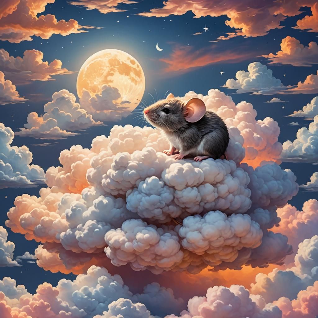 Mouse Asleep on Cloud at Sunset