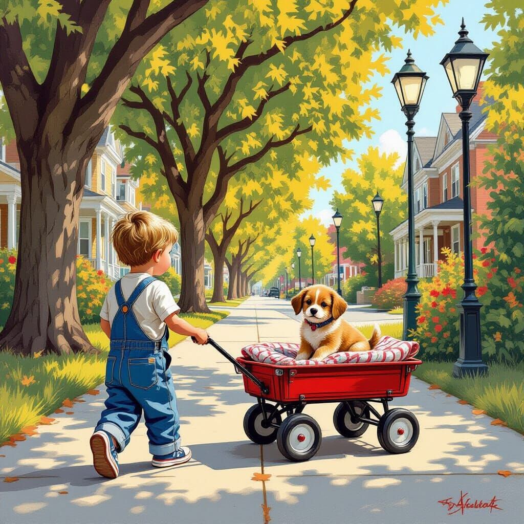 Boy and Puppy in Wagon, Hyper-Realistic Comic Style