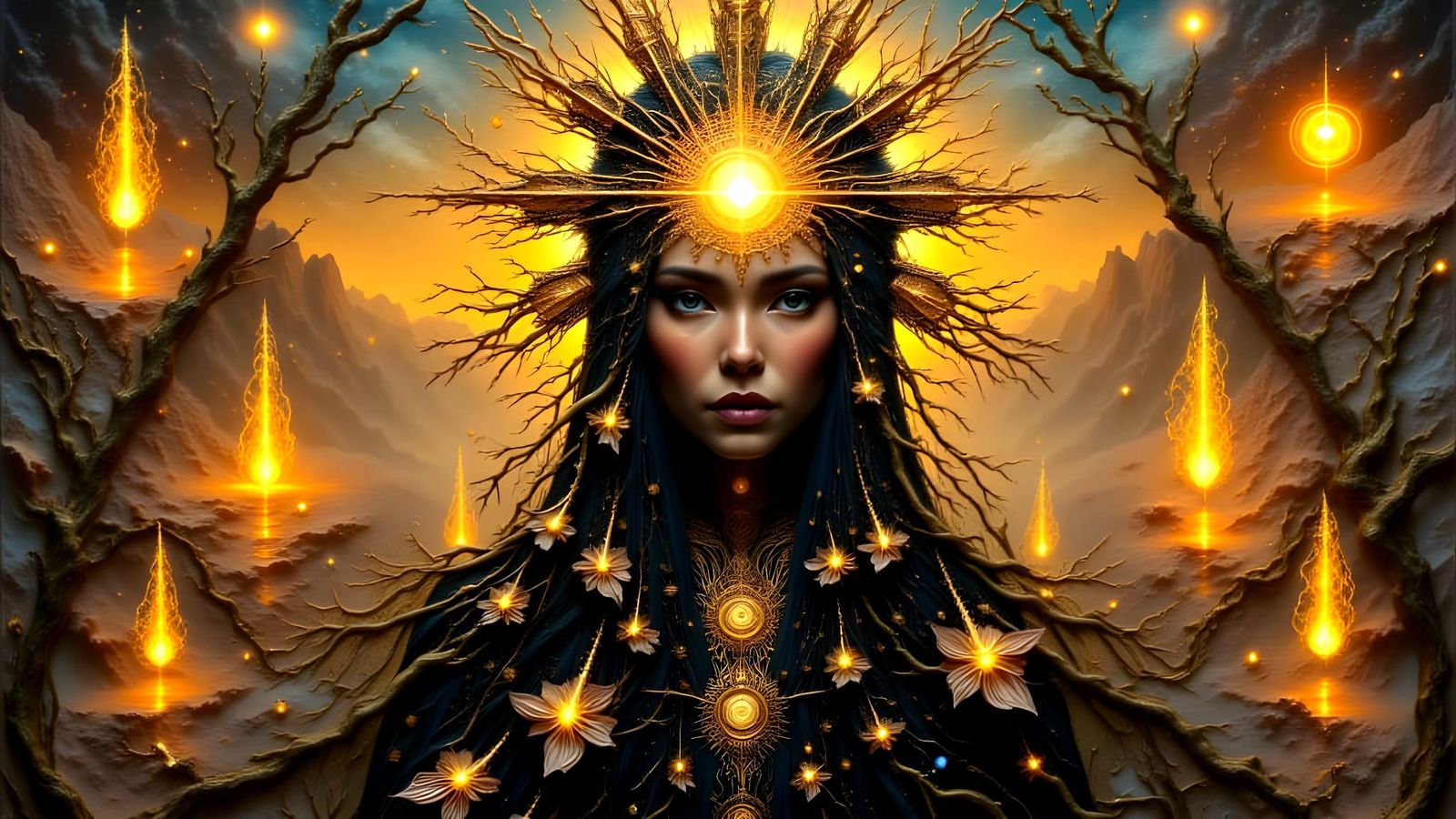 Veiled Priestess with Luminous Sun in Golden Twilight