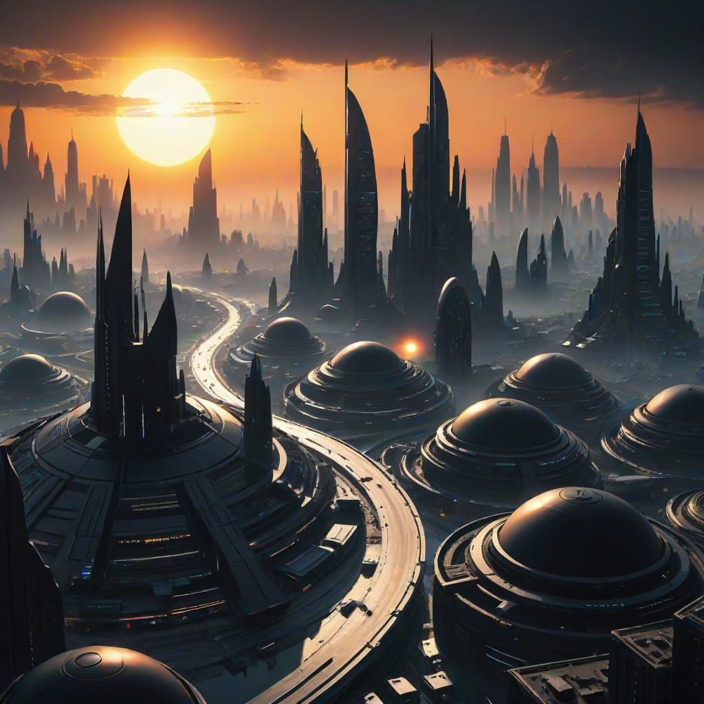Black Sun Rises Over Futuristic Cityscape